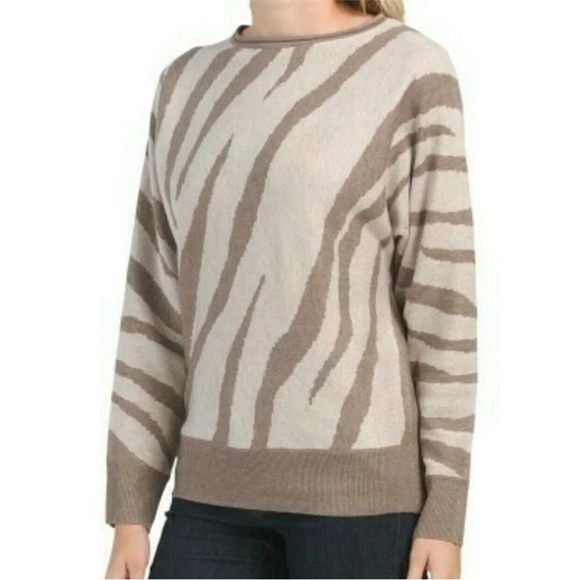 2/$30 TAHARI Sweater Size Medium Zebra Print Wool Blend Tan Brown Crewneck - Picture 1 of 16